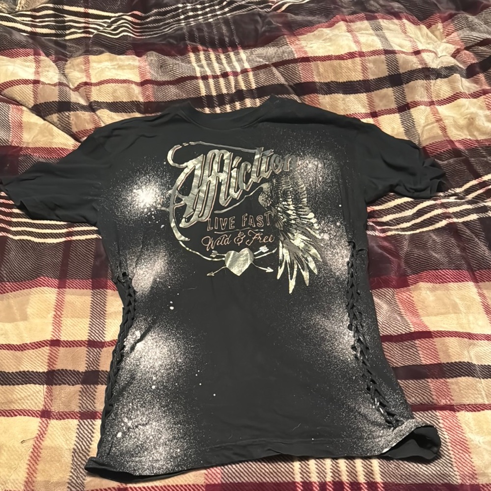 Affliction Black Multicolored Graphic Crew Neck T-Shirt distressed